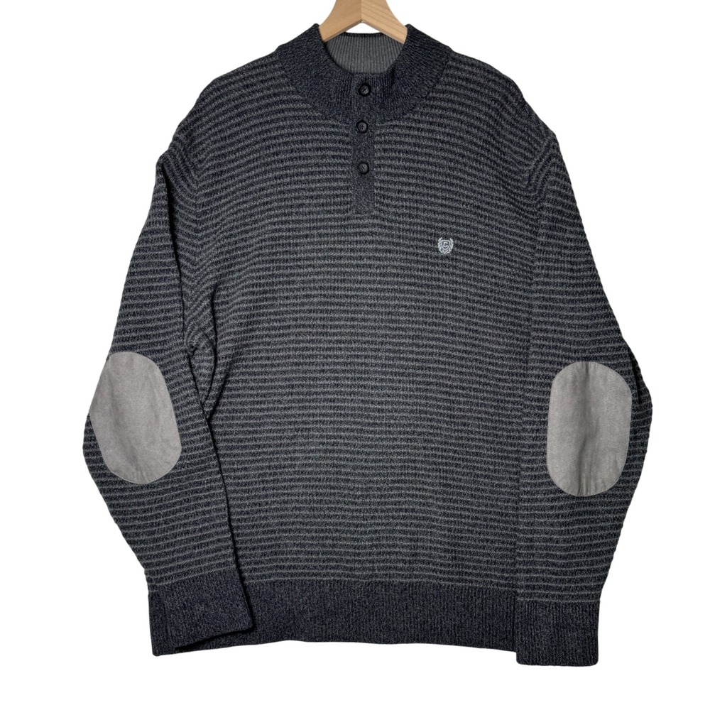 Chaps Mens 2XB Gray Striped Elbow Patch Mock Neck Knit‎ Sweater
